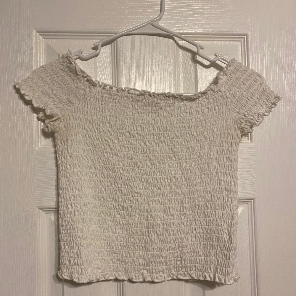 white fitted off shoulder crop-top